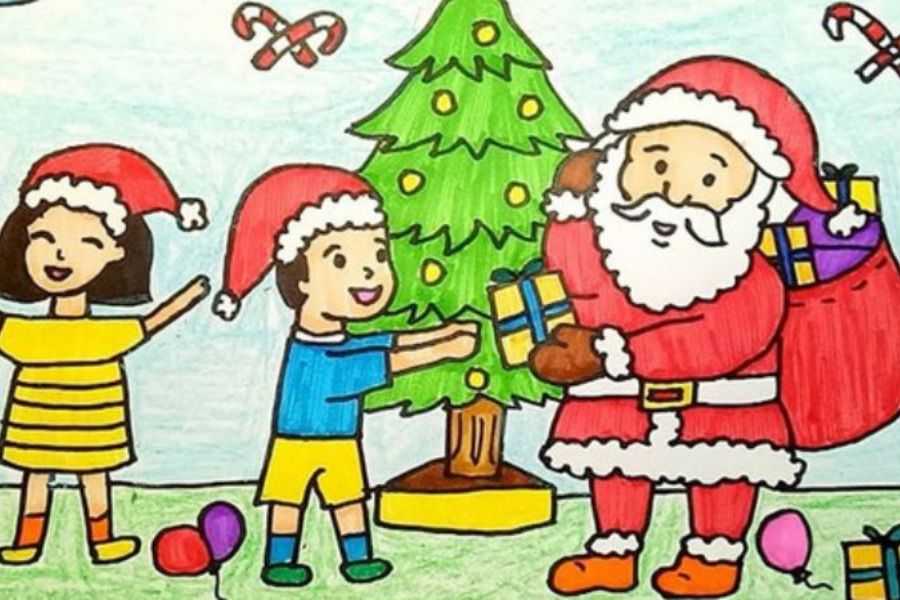 Hình ảnh Ông già Noel đi tặng quà cho các bạn nhỏ.