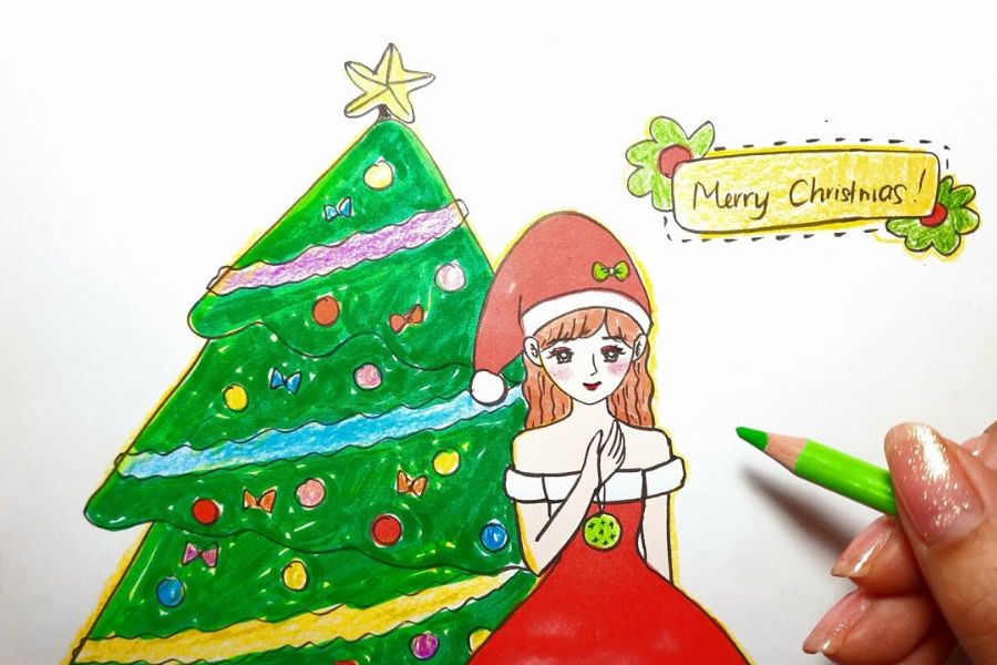Bức vẽ cô gái và cây thông Noel.