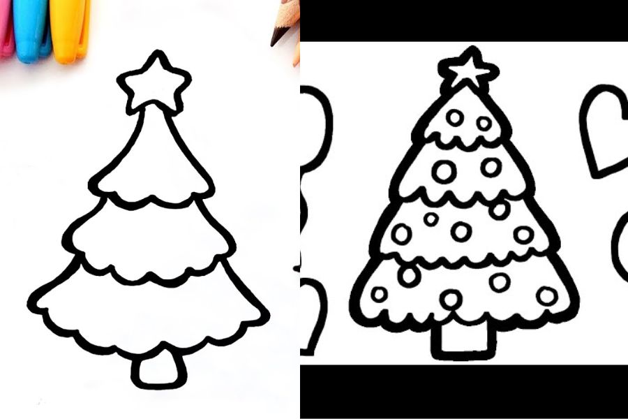 Vẽ cây thông Noel đơn giản bằng bút dạ và tô màu nước.