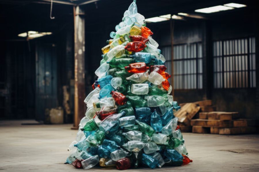 Các chai nhựa bị vứt bỏ được sưu tầm để làm cây thông Noel với thông điệp hãy giảm thiểu rác thải nhựa.