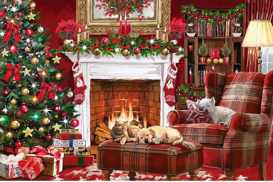 Phòng khách được trang trí Noel với tông màu đỏ tạo sự ấm cúng.