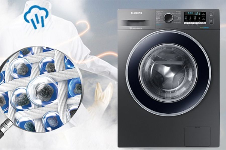 Máy giặt hơi nước Samsung AI Inverter 11kg WD11T734DBX/SV tích hợp công nghệ Eco Bubble giúp tạo bọt khí.
