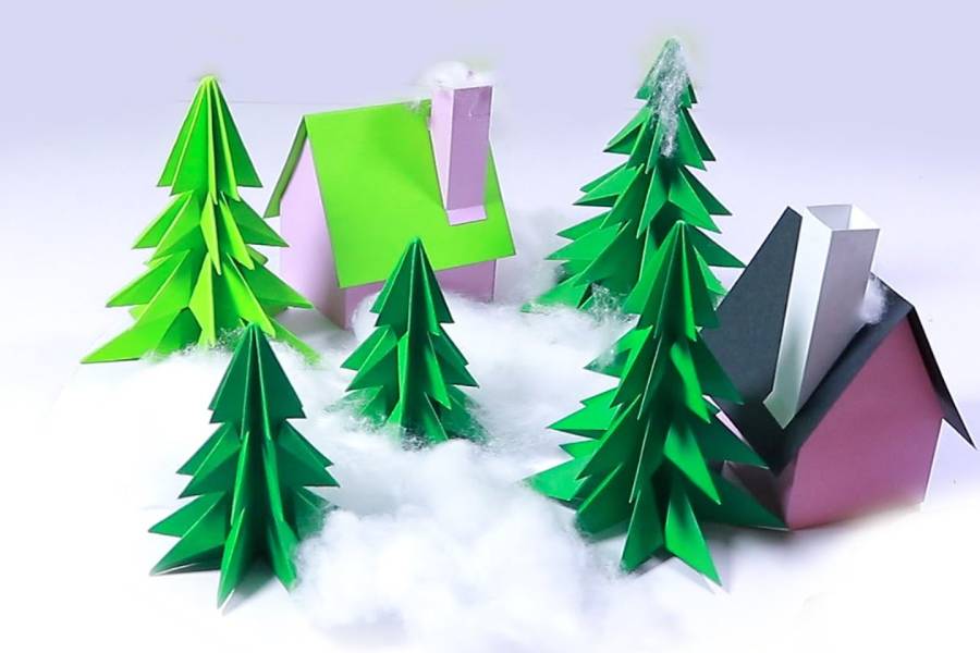 Gấp giấy màu hoặc giấy A4 để làm ngôi nhà Giáng Sinh đơn giản cho các bé.