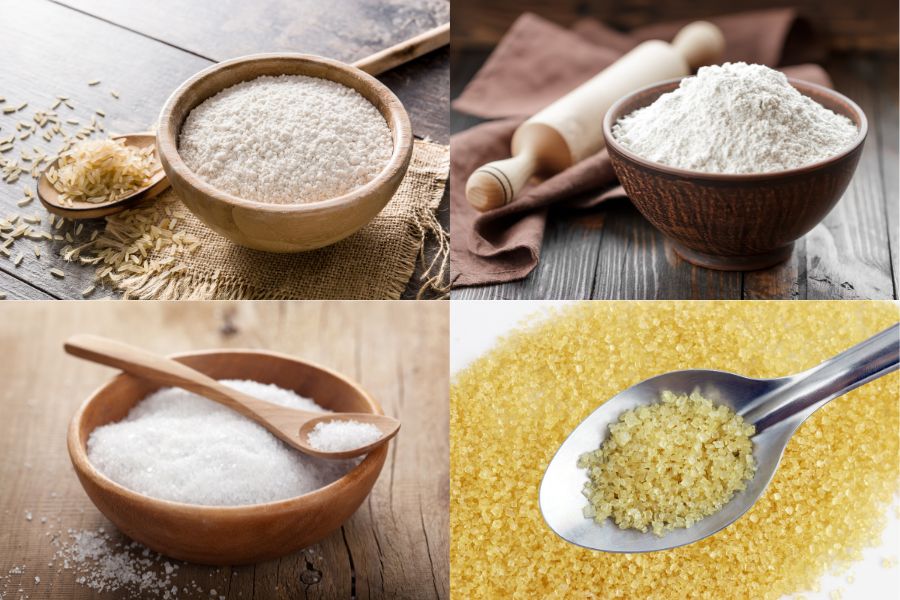 Nguyên liệu làm phần bột bánh đúc mặn Nam bộ gồm 240g bột gạo, 100g bột năng, vv..