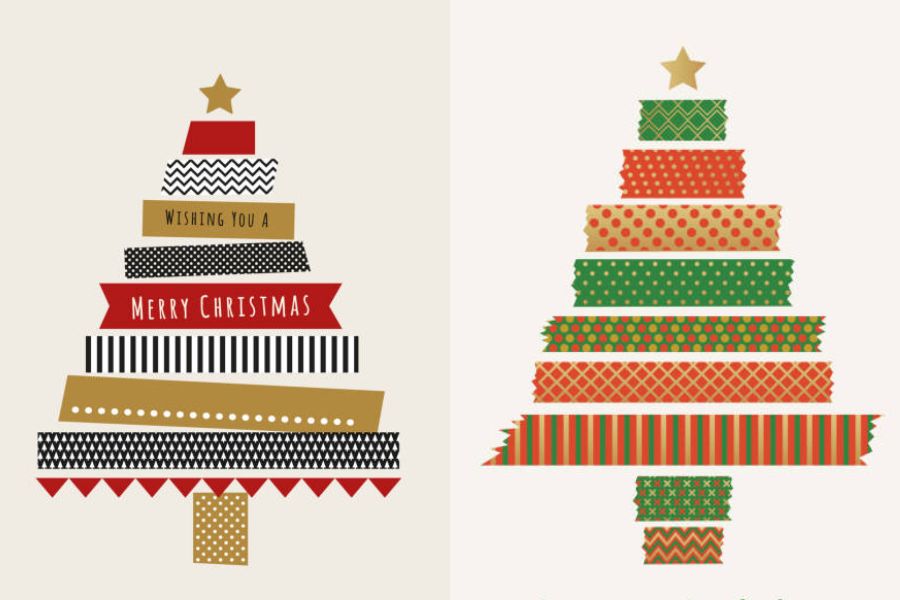 Tạo hình cây thông Noel từ băng dính nhiều họa tiết dễ thương cho Giáng Sinh.