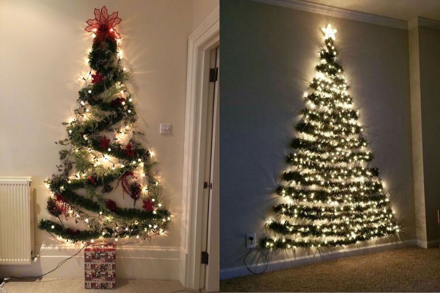 Cây thông Noel sáng rực, lấp lánh được trang trí từ dây kim tuyến và đèn led đơn giản.