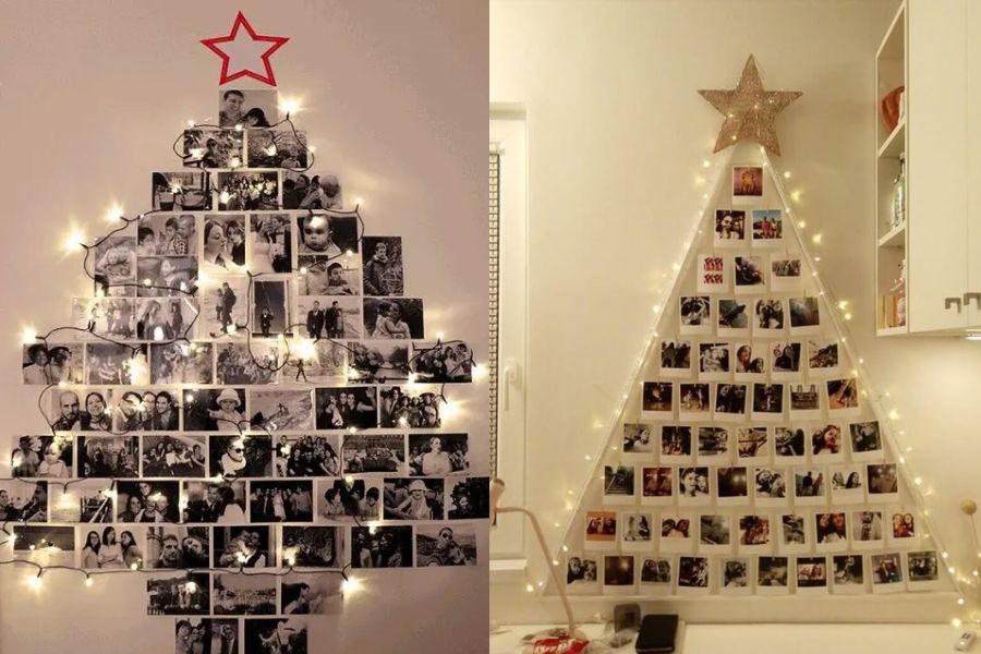 Trang trí cây thông Noel treo tường bằng những hình ảnh yêu thích cùng đèn led.