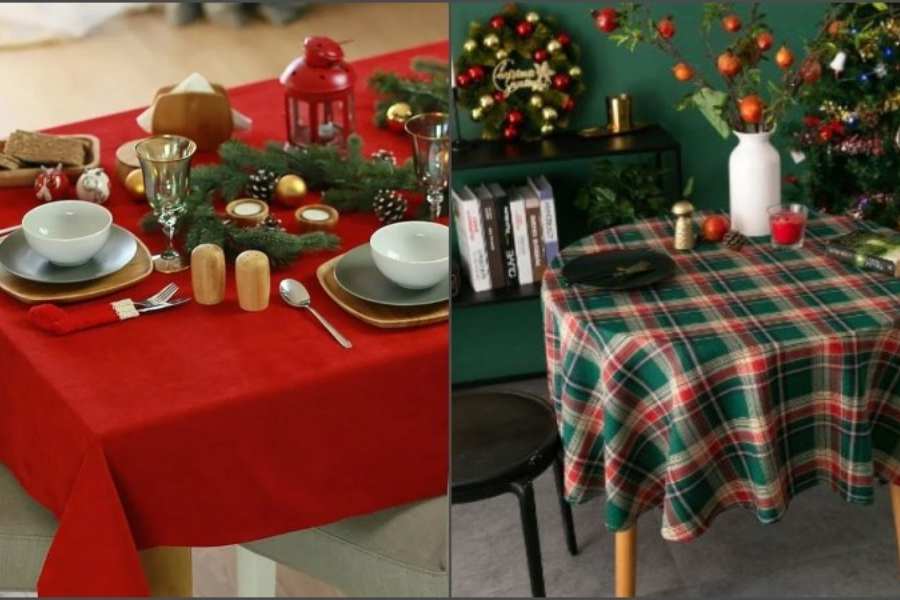 Khi sử dụng lá thông xanh để trang trí bàn tiệc nên lựa chọn khăn trải bàn và nến có màu đỏ.