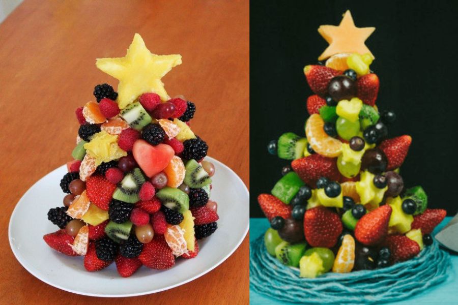 Làm tháp cây thông với các loại hoa quả tráng miệng.