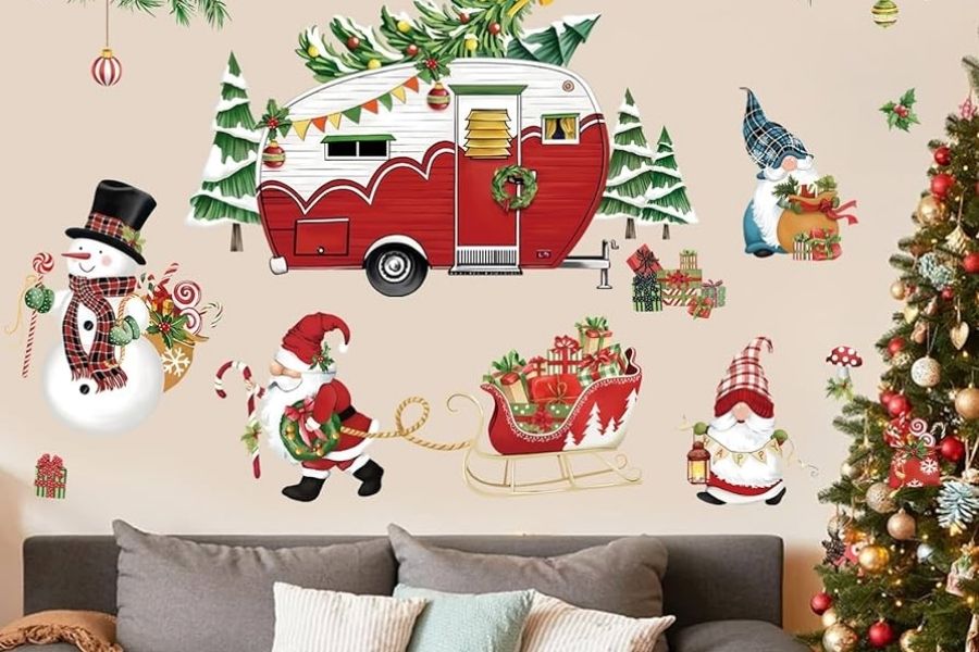 Decal dán tường dễ thương hình ông già Noel để trang trí Noel cửa hàng.