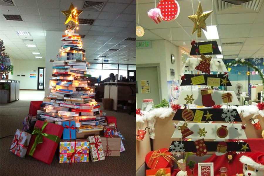 Ý tưởng trang trí cây thông Noel cho văn phòng với nhiều hộp quà đa sắc màu bắt mắt.