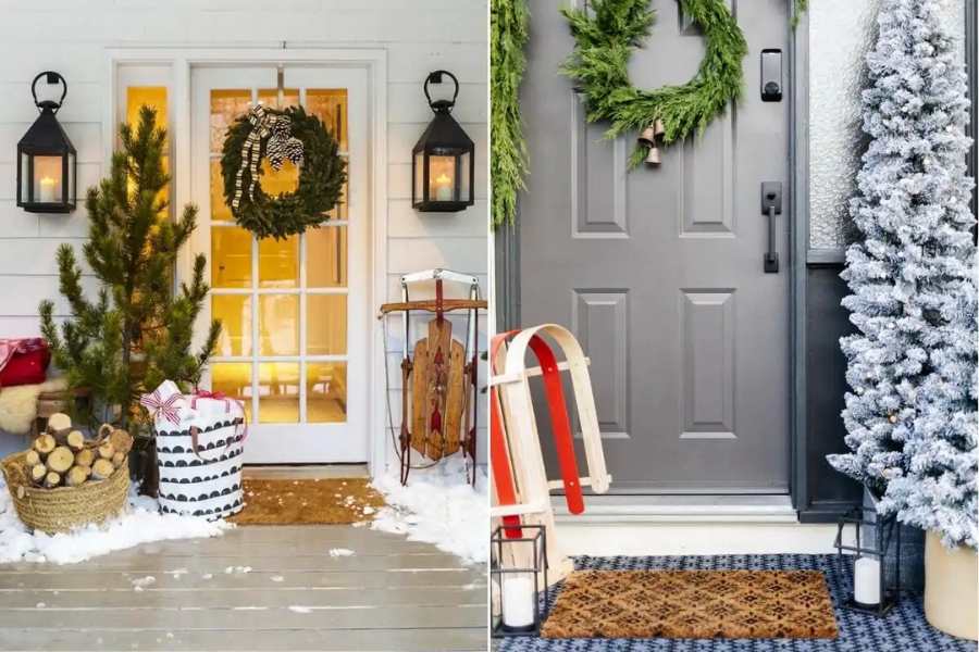 Mẫu trang trí Giáng Sinh ngoài trời bằng cách bày trí các phụ kiện Noel trước thềm cửa nhà.