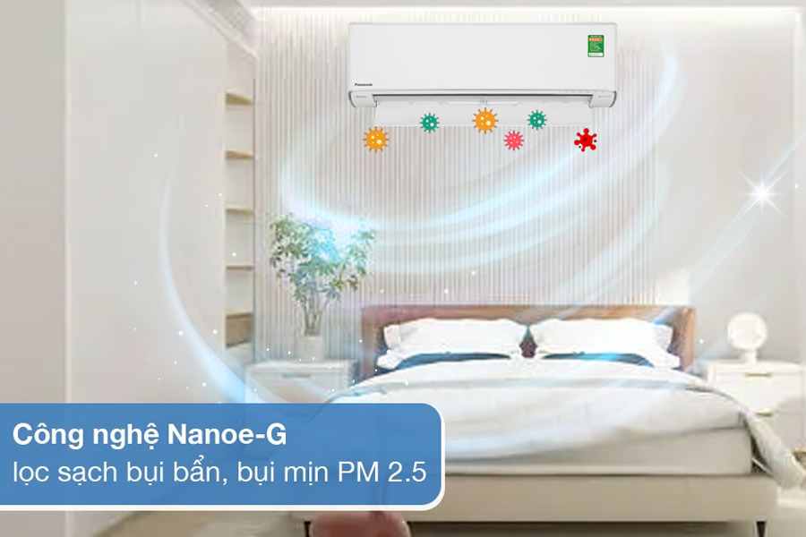 Dòng máy lạnh 1 chiều của thương hiệu Panasonic trang bị công nghệ Nanoe-G lọc bụi bẩn và bụi mịn PM 2.5 cực kỳ hiệu quả.