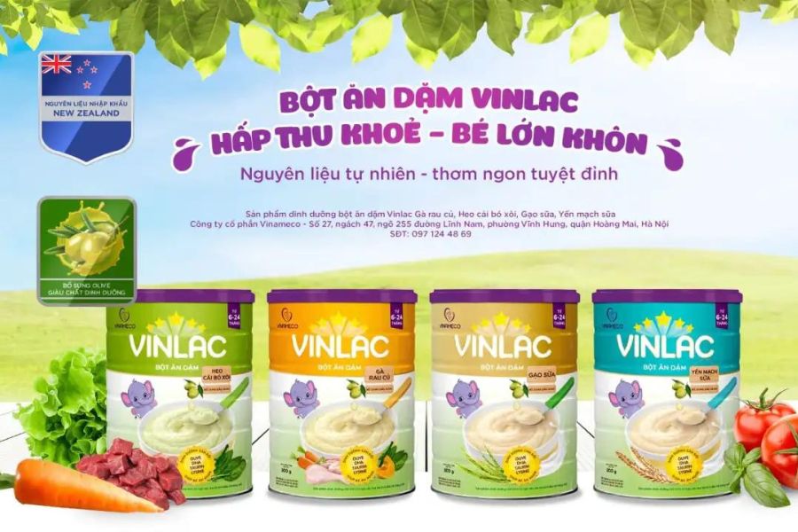Bột ăn dặm Vinlac nhập khẩu từ Úc giúp bổ sung 12 loại khoáng chất và 13 nhóm vitamin cho trẻ.