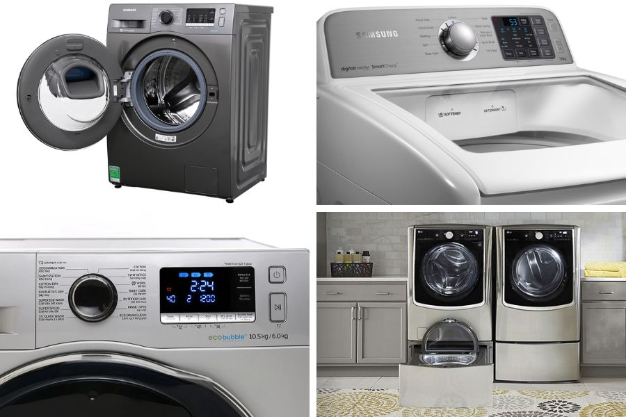 Máy giặt cửa trên, máy giặt cửa trước, máy giặt sấy khô, máy giặt hai ngăn,... là các sản phẩm máy giặt của Samsung được nhiều người ưa chuộng.