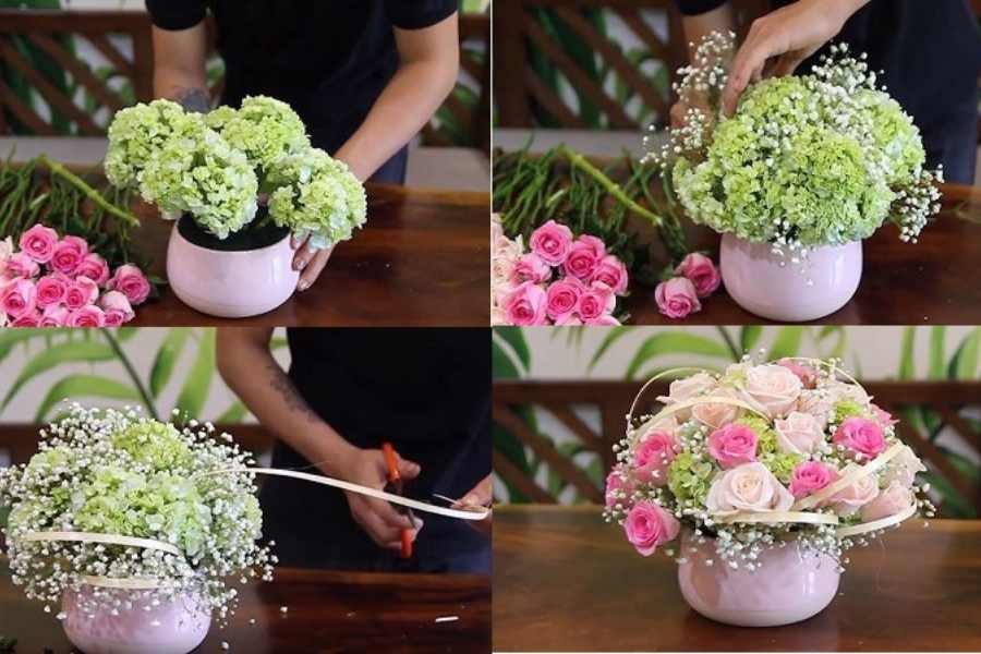 Giới thiệu kỹ thuật cắm hoa để bàn với bình sứ.