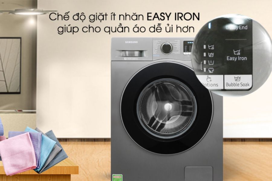 Chương trình Easy Iron giúp giảm tốc độ quay của lồng giặt, hạ thời gian sấy xuống mức tối đa, giúp giảm thiểu việc quần áo bị xoắn, nhăn.