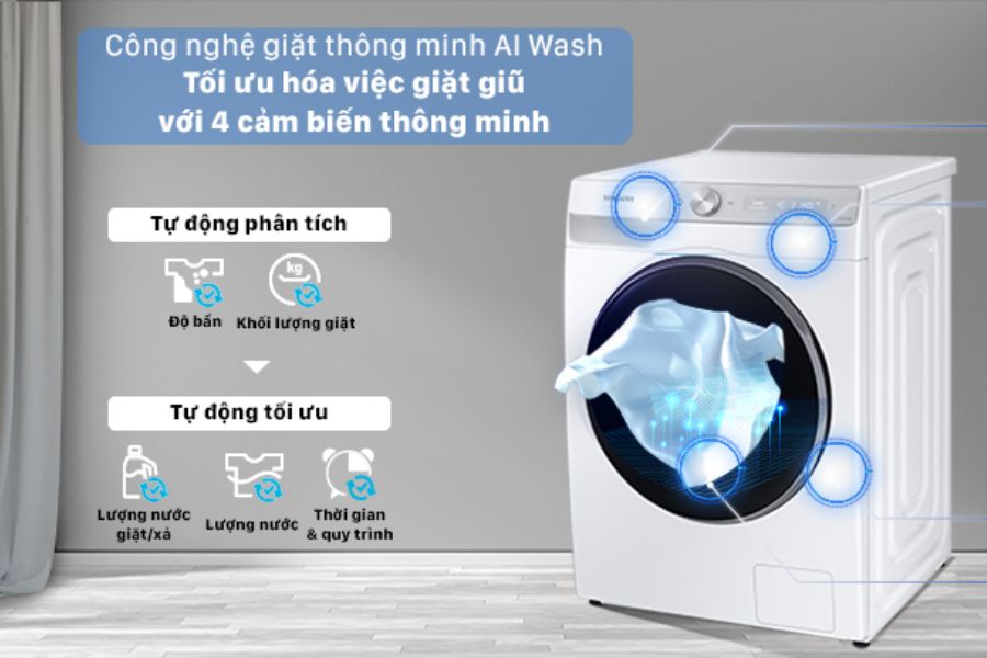 Công nghệ giặt thông minh AI Wash tích hợp 4 cảm biến cho phép máy giặt nhận diện chính xác khối lượng và mức độ bẩn của quần áo.