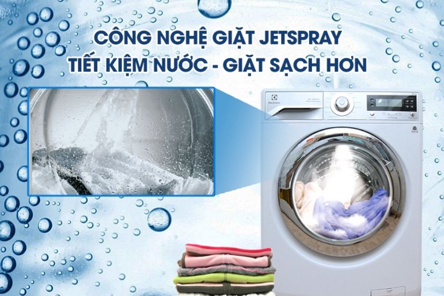 Công nghệ Jetspray có tác dụng làm giúp hòa tan bột giặt tốt hơn và giặt sạch hiệu quả hơn.