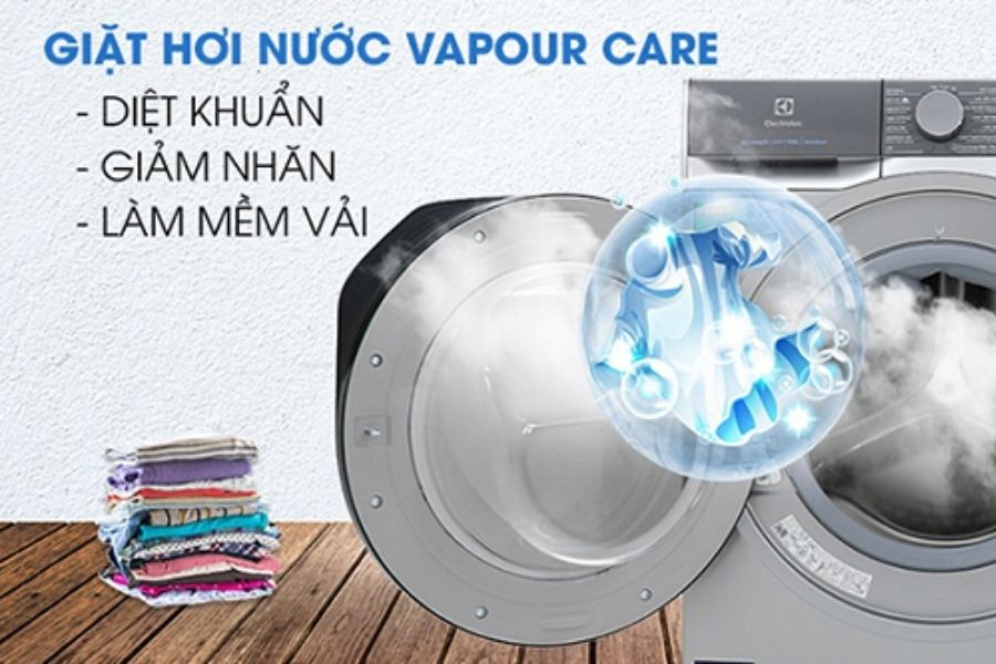 Công nghệ giặt hơi nước Vapour Care sử dụng nhiệt độ hơi nước lên đến 70 độ C để loại bỏ 99% vi khuẩn và nấm mốc.