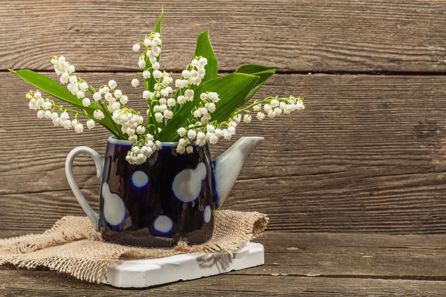 Sử dụng chậu cây có tạo hình bình hoa đen để cắm hoa linh lan, tạo điểm nhấn và làm nổi bật hoa.