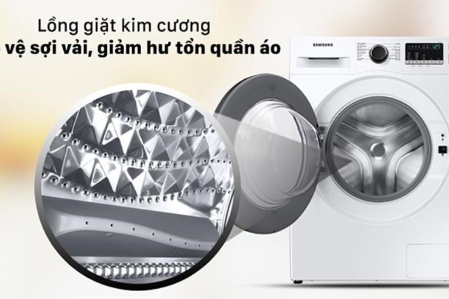 Lồng giặt kim cương giúp tăng cường hiệu suất giặt sạch và giảm tình trạng sợi vải bị mắc vào lồng giặt.