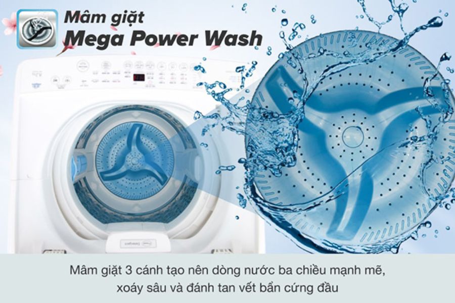 Mâm giặt Mega Power Wash giúp hòa tan bột giặt nhanh chóng và xoay quần áo mạnh mẽ.