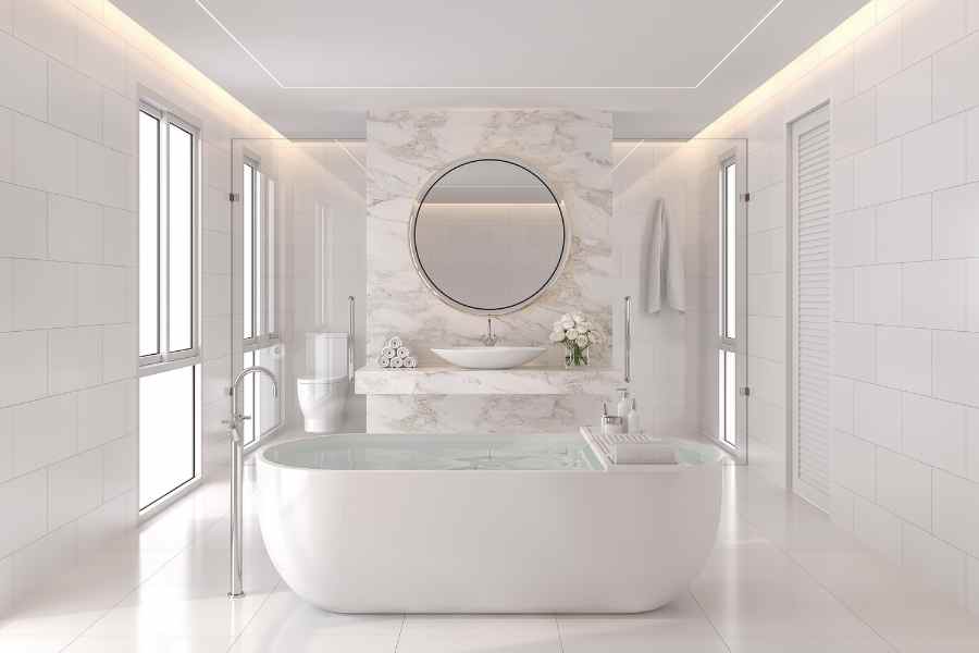 Phòng tắm gam màu trắng được kết hợp với các mẫu gạch lát hoa văn đẹp mắt