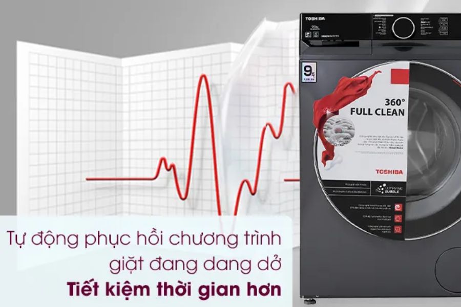 Khi mất điện, máy giặt của Toshiba có tính năng tự động phục hồi và tiếp tục chương trình giặt.