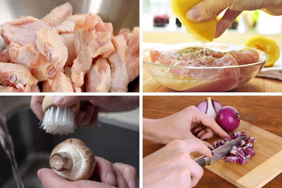 Sơ chế các nguyên liệu chuẩn bị nấu canh nấm thịt gà.
