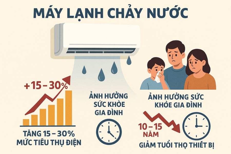 Máy lạnh chảy nước gây tiêu tốn đến 30% điện năng tiêu thụ.