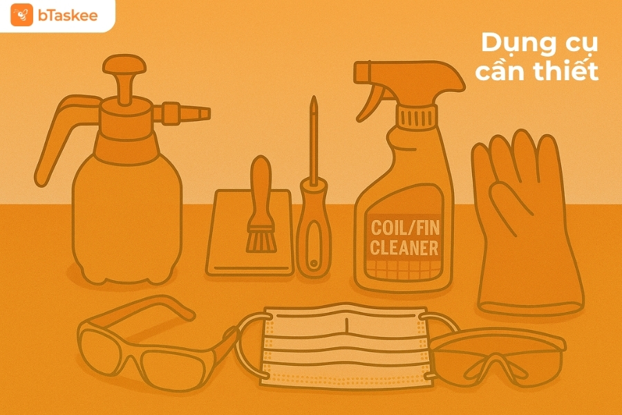 (Hình minh họa) Dụng cụ cần chuẩn bị để vệ sinh cục nóng điều hoà.