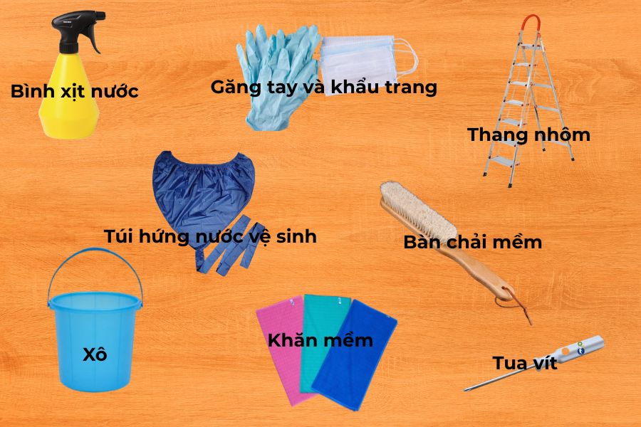 Bộ dụng cụ vệ sinh điều hòa Casper hoàn chỉnh được chuẩn bị sẵn sàng trên bàn