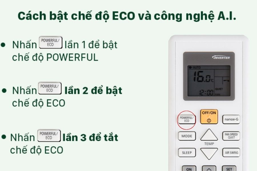 Panasonic sử dụng nút "ECO" hoặc "AI ECO".
