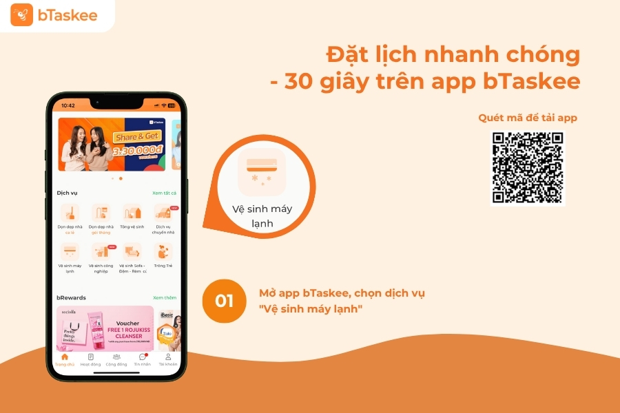 Tải app bTaskee và chọn dịch vụ vệ sinh máy lạnh.