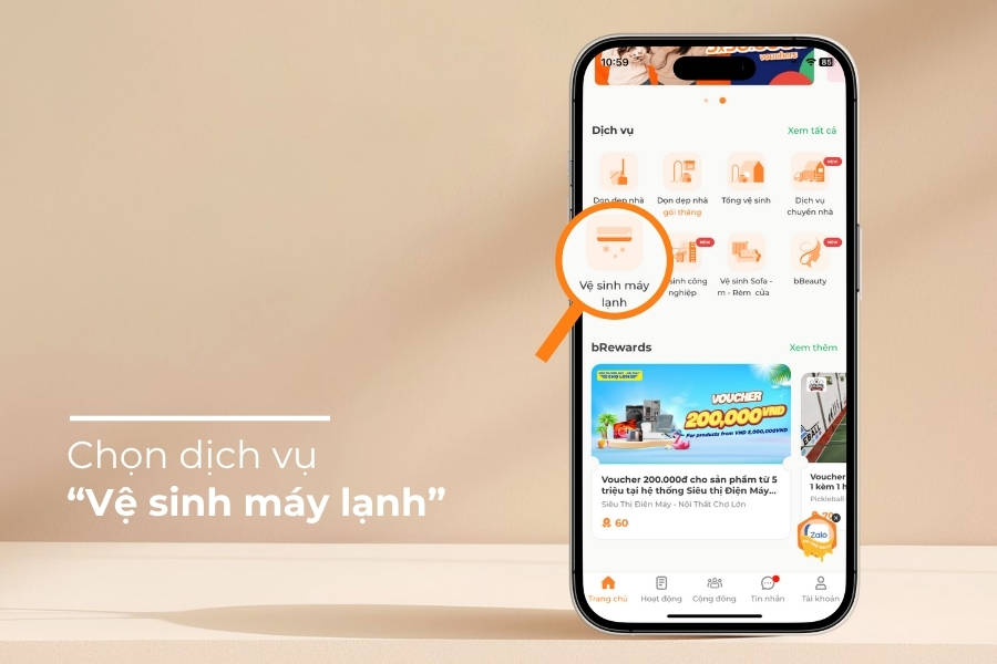 Chọn dịch vụ “Vệ sinh máy lạnh”.