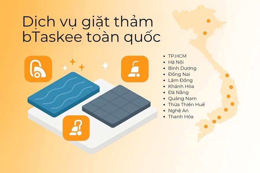 Dịch vụ giặt thảm bTaskee phủ sóng nhiều tỉnh thành trên khắp cả nước.