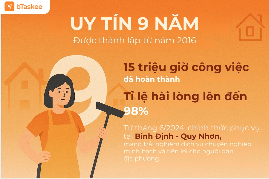 Dịch vụ tổng vệ sinh bTaskee uy tín với 9 năm hoạt động.
