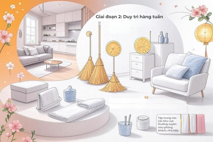 Duy trì dọn dẹp các khu vực quan trọng hàng tuần.