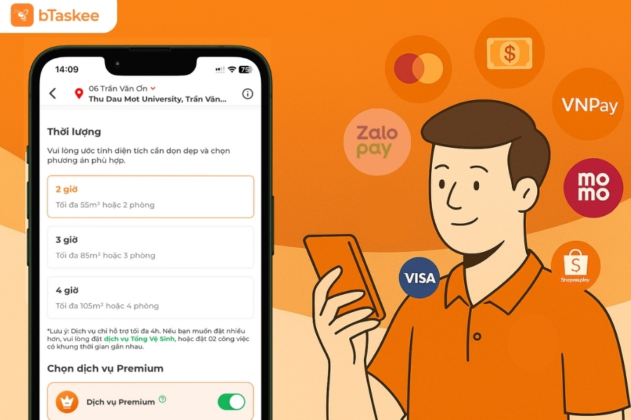 Giá dịch vụ được hiển thị minh bạch khi đặt lịch, hỗ trợ thanh toán tiện lợi qua nhiều hình thức.