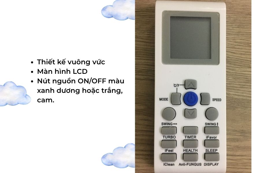 Remote điều hòa Fujiaire với nút on/off màu xanh đặc trưng.