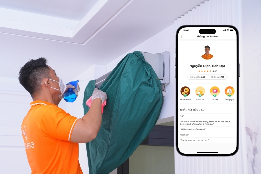 Thông tin hồ sơ Tasker được hiển thị minh bạch trong ứng dụng.