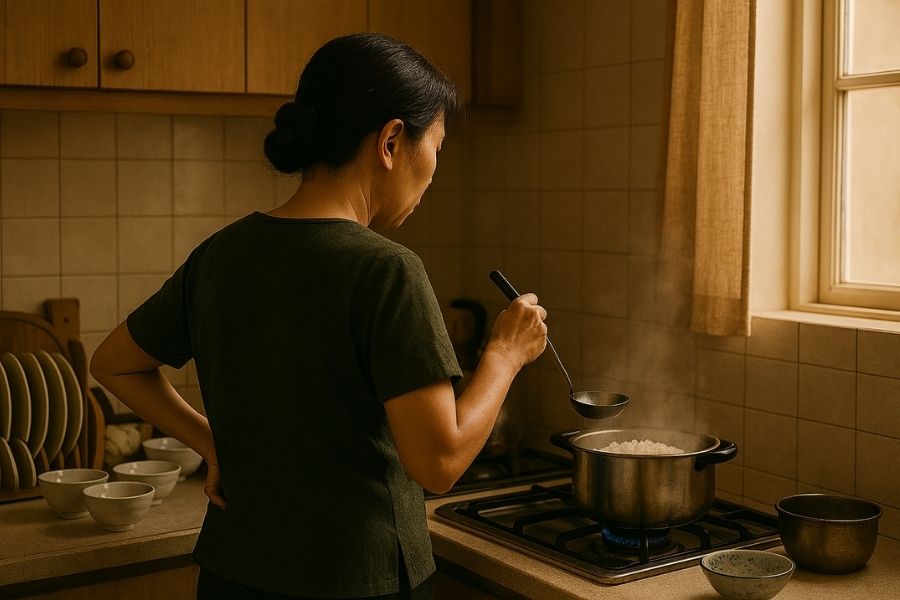 Bóng lưng quen thuộc của mẹ trong gian bếp nhỏ.