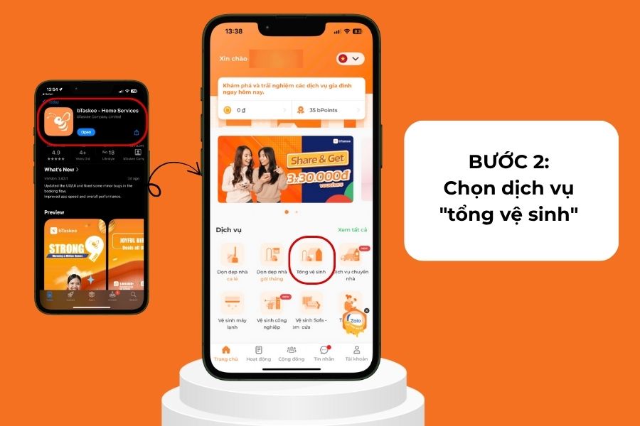 Chọn biểu tượng dịch vụ “Tổng vệ sinh” trên app bTaskee.