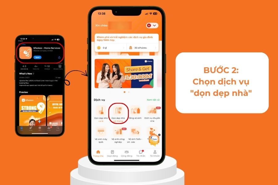 Chọn dịch vụ “dọn dẹp nhà” trên màn hình.