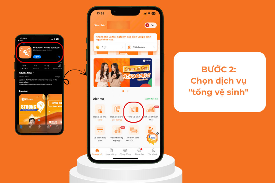 Chọn dịch vụ “ Tổng vệ sinh ” trên màn hình ứng dụng bTaskee.
