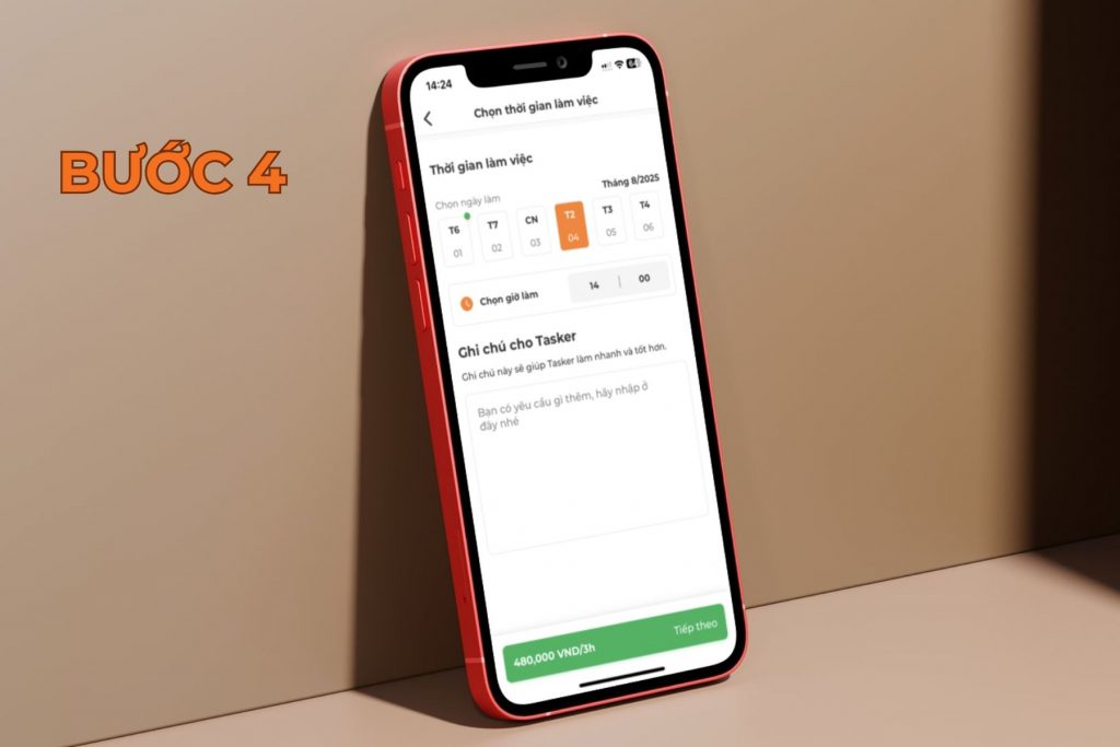 Chọn thời gian tasker đến nhận việc trên lịch.