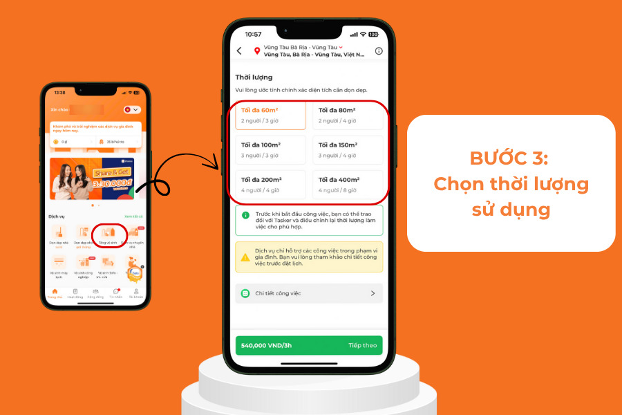 Chọn thời lượng sử dụng dựa trên diện tích nhà.