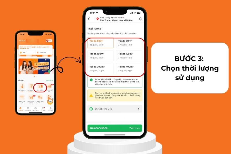 Chọn thời lượng sử dụng dựa trên diện tích.