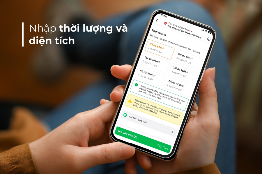 Chọn thời lượng và diện tích sử dụng.